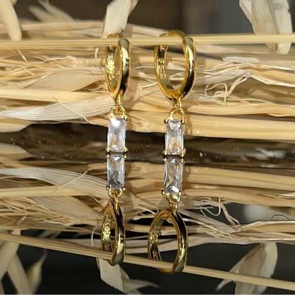 Gold Plated Dangle Huggie Hoop Earrings Dainty Minimalistic Silver CZ gems - Picture 1 of 3